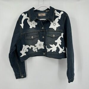 Womens Y2K Denim Jacket Size 3X Floral Applique Boho Cropped Whimsical Retro
